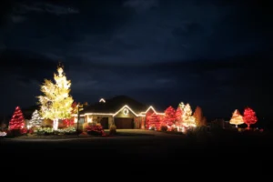 Elegant holiday roofline lighting on a Denver home with custom LED bulbs.