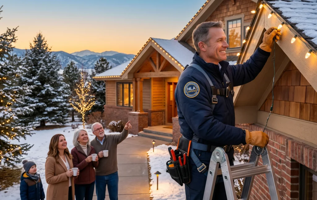 Man in work gear hangs holiday lights on a house with a ladder while neighbors watch and smile in a snowy yard at sunset.