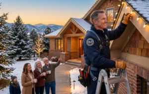 Man in work gear hangs holiday lights on a house with a ladder while neighbors watch and smile in a snowy yard at sunset.