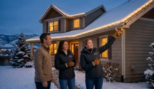 Professional holiday lighting installers showing a smiling couple a freshly installed, weatherproof warm white LED display on a snow-covered Denver home at dusk.