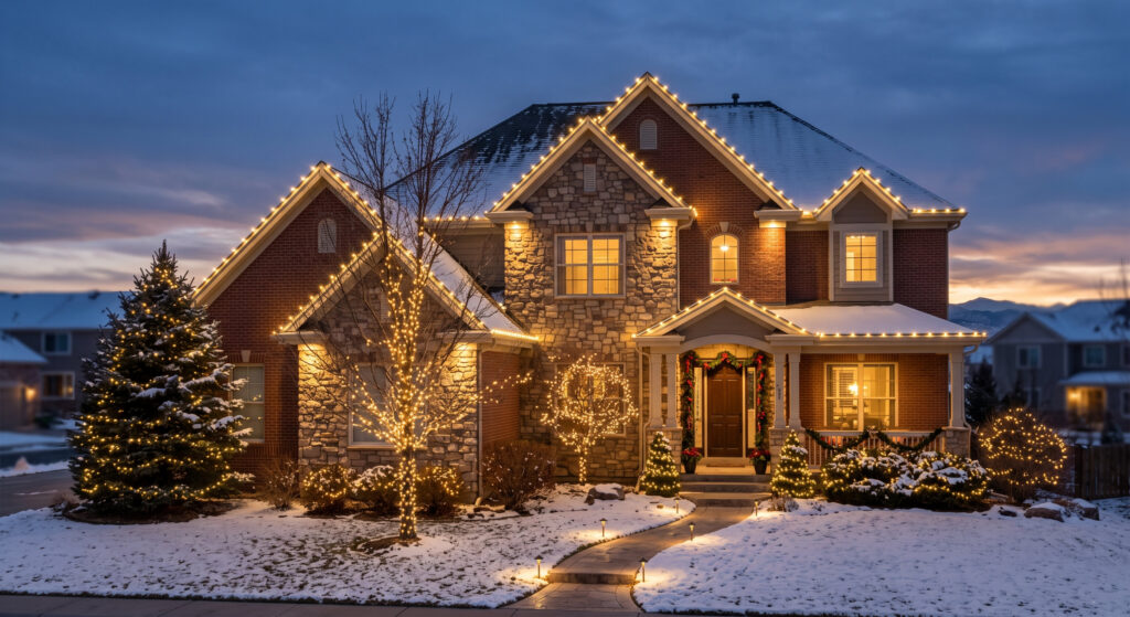 Snowy front yard and a two-story brick/stone house outlined with warm Christmas lights along the roof at dusk.