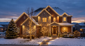 Snowy front yard and a two-story brick/stone house outlined with warm Christmas lights along the roof at dusk.